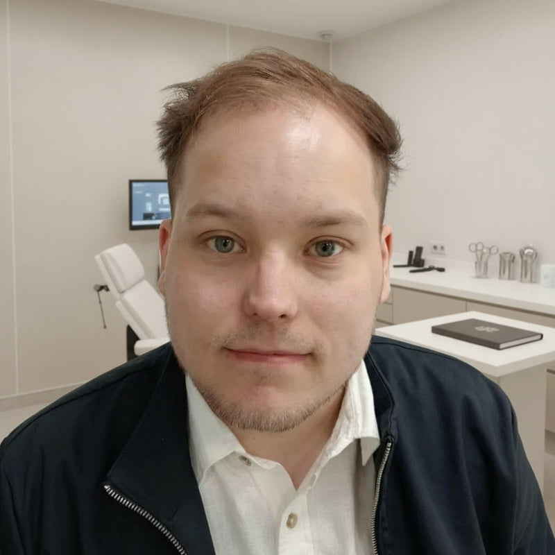 Man wearing a dark jacket over a white shirt against a plain background looking optimistic for his hair transplant